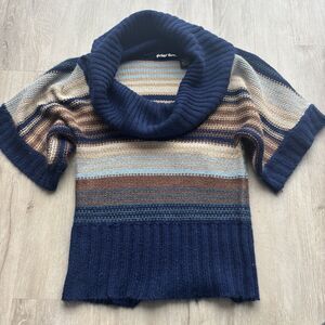 Planet Gold Y2K Striped Cowl Neck Sweater Small Short Sleeve Boho Knit Blue VTG
